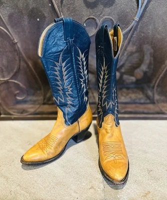 Vintage 80s Nocona Navy Tan Cowboy Boots Two-Tone Leather Size 7B Western Stitch - Image 1 of 4