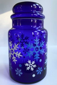 Tarro de vidrio azul Libbey vintage tapa de burbujas copos de nieve almacenamiento navideño - Imagen 1 de 11