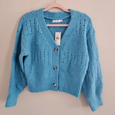 NWT Lush Turquoise Blue Knit Cardigan Sweater Buttons Chunky Long Sleeve XS - Image 1 of 4
