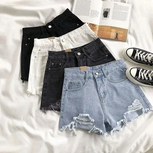 Vielseitig Weitbeinhosen Weiß Zerrissen Damen Dunkelblau Gelegenheitsshorts - Picture 1 of 20