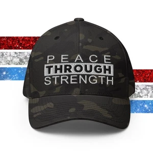 Flexfit Hat "Peace Through Strength" Embroidered Patriotic USA Baseball Cap - Picture 1 of 45