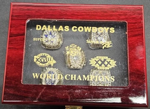 5Pcs Dallas Cowboys Super Bowl Championship Ring Set With Wooden Box Size 9or 13 Cover