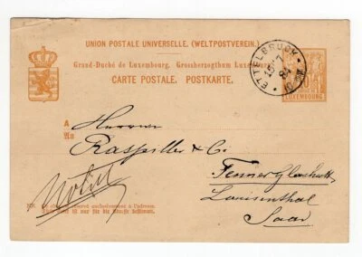LUXEMBOURG TO SARRE, POSTAL STATIONERY, 1884, ETTELBRUOK CANCEL, VF - Image 1 of 2