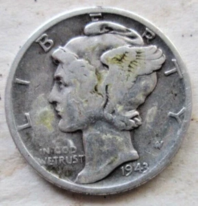 1943-P MERCURY DIME, 90% SILVER, VG CONDITION, LAMINATION ERROR, CIRCULATED - Picture 1 of 2