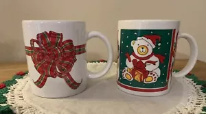 Set of 2 Christmas Holiday Mug Cup Coffee Tea Cocoa Red Bows Teddy Bear Gifts - Picture 1 of 5