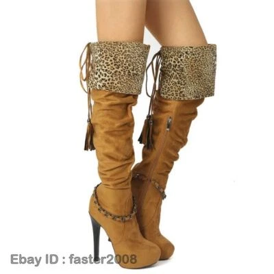 Sexy Mujeres Botas Sobre la Rodilla Imitación Gamuza Tacones Altos Plisados Zapatos Talla Grande Foto 1 de 4