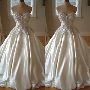 Luxury Wedding Dresses Crystal Beading Strapless Satin A Line Bridal Gowns - Picture 1 of 9