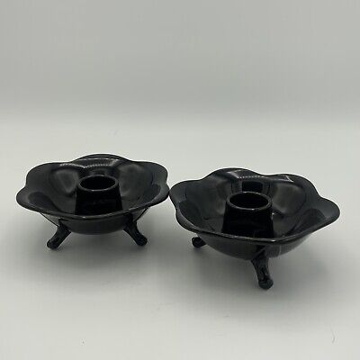 VINTAGE FENTON Black Amethyst Glass 6 Petal 3 Toed Candle Holder Pair • 19.50€