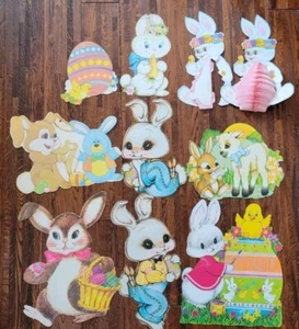 VINTAGE LOT EASTER BUNNY Die-Cut CARDBOARD DECORATIONS & HONEYCOMB BUNNY W/EGGS - Picture 1 of 6