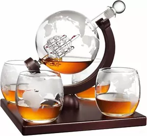Whiskey Decanter Globe Set for Men with 4 Glasses, Bourbon Rum, Scotch, Crystal - Picture 1 of 6