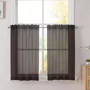 Chocolate Short Sheer Kitchen Curtains 36 Inch Length Tier Rod Pocket Cafe Drape - Picture 1 of 7