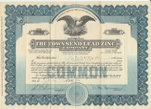 The Townsend Lead Zinc Company - Aktienzertifikat 1931 Colorado Scripophily - Bild 1 von 2