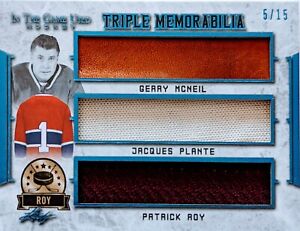 🔥#/15 PATRICK ROY PLANTE MCNEIL 3 TRIPLE RELIC 2020-21 LEAF IN THE GAME USED🔥