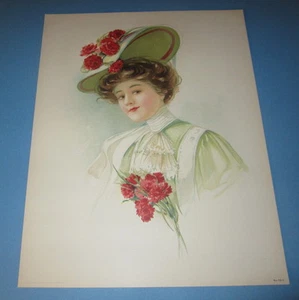 Old Vintage 1908 - Antique VICTORIAN PRINT - Lady - RED CARNATION Flower HAT  - Picture 1 of 1