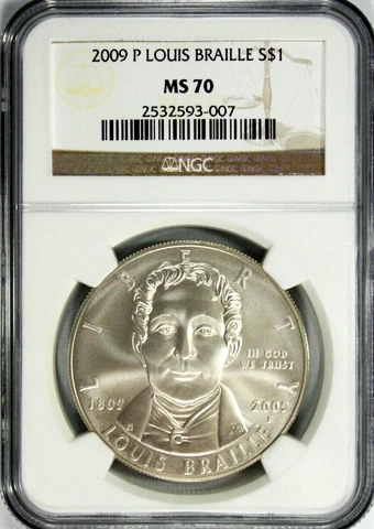2009-P Louis Braille Commemorative Dollar NGC MS 70  #GA3-07 Cover