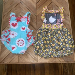 Lot Of 2 Jelly The Pug Boutique Baby Ruffles Hearts Dots Flower Rompers 6 Months - Picture 1 of 15