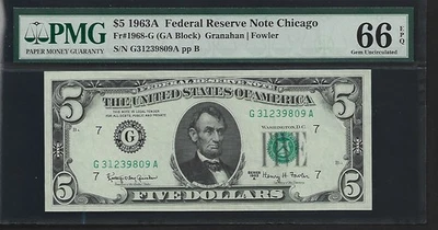 США 5 $ 1963A PMG 66 EPQ UNC Fr #1968-G FRN Chicago Granahan/Fowler - Изображение 1 из 4