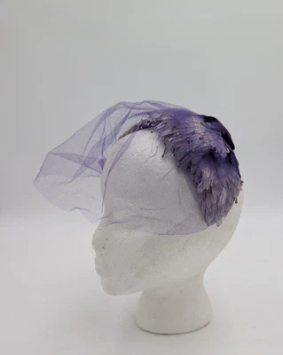Vintage 50s 60s Women's Half Hat Headband Head Piece Purple Faux Feather Mesh - Image 1 of 4