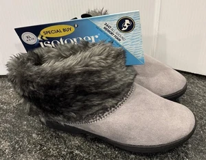 Isotoner Kunstfell Bootie Hausschuhe Damen XL über Knöchel grau Memory Foam gemütlich Geschenk - Bild 1 von 24