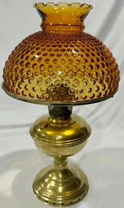 Vintage Oil Lamp w/Amber Hobnail Hurricane Lamp, Brass Base, Pre-Owned, Good Con - Bild 1 von 3