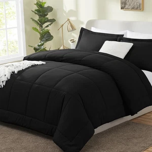 Queen Size Comforter Sets - Black Comforter Queen Size, 3 Pieces Box Stitched So - Picture 1 of 12