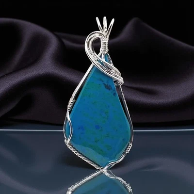 Хризоколла, обернутый проволокой, ожерелье, серебро высшей пробы, #2084 - Изображение 1 из 4