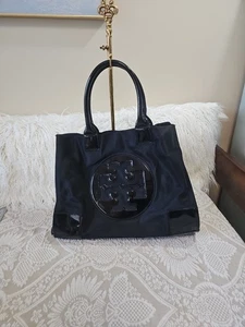 Tory Burch Black Nylon Patent Leather Large Ella Tote Bag Y2K  - Picture 1 of 12