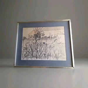 Dessin Ancien Style Bernard Buffet Paysage Arbres Nature.  Tableau  Encadré - Picture 1 of 16