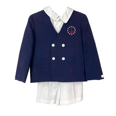 Vintage 70s Jack Tar Nautical Sailor Outfit Romper Shorts Blazer 3T Made In USA - Image 1 of 4