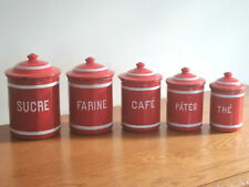 Old French Enameled CANISTERS SET - RED & WHITE 