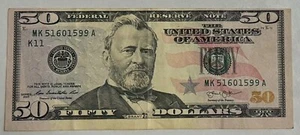 $50.00 NOTE !!! CUT OFF CENTER !!! ERROR Very nice MK51601599A LUCKY NUMBER!!! - Picture 1 of 2