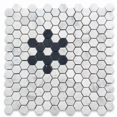 C31F2XH Carrara White 1" Hexagon Black Marble Snowflake Mosaic Tile Honed - Image 1 of 4