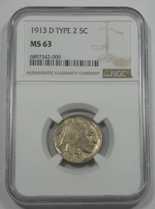 1913-D Ty-2 Buffalo Nickel certificado NGC MS 63 5c - Imagen 1 de 4
