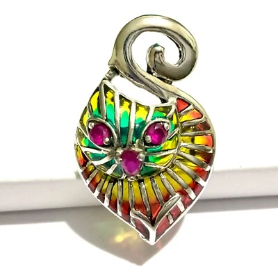 Sterling Silver Plique a Jour colourful Ruby Cat Cocktail Statement Ring P 8 New - Image 1 of 4