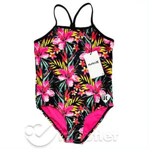 NUOVO costume da bagno Hurley giovani ragazze pezzo unico UPF50+ rosa ibisco floreale - Foto 1 di 3