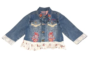 Upcycled Blue Jean Jacket Girls Size S Hand Applied Embellishments Vintage Lace - Picture 1 of 9