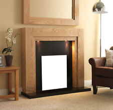 GAS ELECTRIC OAK SURROUND BLACK STONE GRANITE WALL FIRE FIREPLACE SUITE LIGHTS