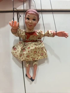 Vintage HAZELLE Marionette String Puppet Girl With Dress Rubber Face - Picture 1 of 13