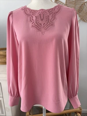 Blusa Camisa Top Rachel Zoe Bordada Rosa Manga Larga Cuello Redondo Pequeña S Nueva con Etiquetas Foto 1 de 4