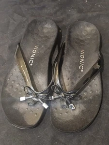 Vionic Women Thong Sandals Patent Leather Black Size 7.5 - Picture 1 of 6