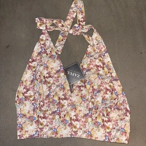 Zaful Womens Crop Top Multicolor Floral Sleeveless Halter Smocked Tie Size Small - Picture 1 of 8