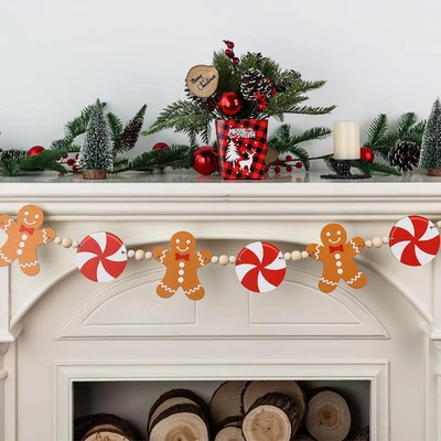 Christmas Wooden Garland Gingerbread Man Peppermint Beads Rustic Xmas Banner - Image 1 of 4