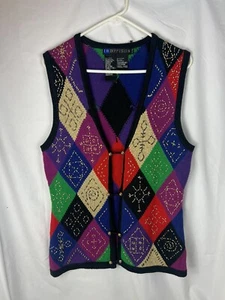 Diffusion Womens Black Holiday Button Casual Small Geometric Vest Christmas XS - Picture 1 of 6