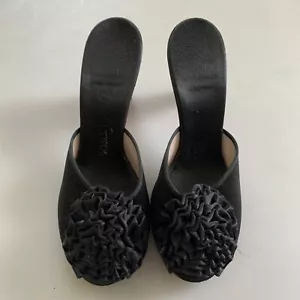 Ciabatte vintage anni 30 40 Daniel verde nero pom-pom casa tacco mules vintage 7 8 - Foto 1 di 14