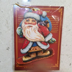 Vintage G. DeBrekht Folk Art Santa Skier Wooden Ornament NEW - Picture 1 of 6