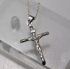 CIONDOLO CROCE CROCIFISSO ORO BIANCO 14 KT con catena ss collana LF13 - Foto 1 di 14