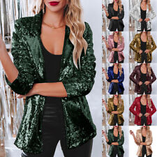 Womens Sparkly Sequins Long Sleeve Open Front Coat Jacket Blazer Party Tops 8-20