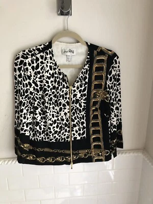 Joseph Ribkoff Jacket Zipper Boxy black white brown gold animal chain print 10 - Image 1 of 4