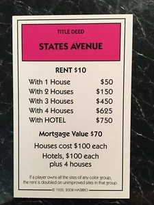 Monopoly 2008 STATES AVENUE Title Deed Card Replacement Game Piece - Picture 1 of 3