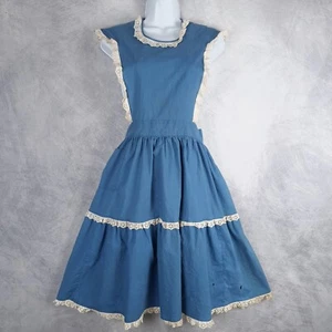 Vintage Pinafore Jumper Dress Womens Small Blue Lace Trim Modest Prairie FLAW - Picture 1 of 24